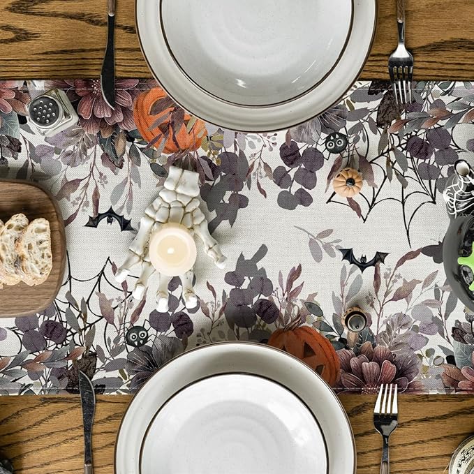 Artoid Mode Jack-O'-Lantern Pumpkin Floral Ghost Halloween Table Runner, Eucalyptus Kitchen Dining Table Decoration for Home Party Decor 13x108 Inch-Ruum Studio Home