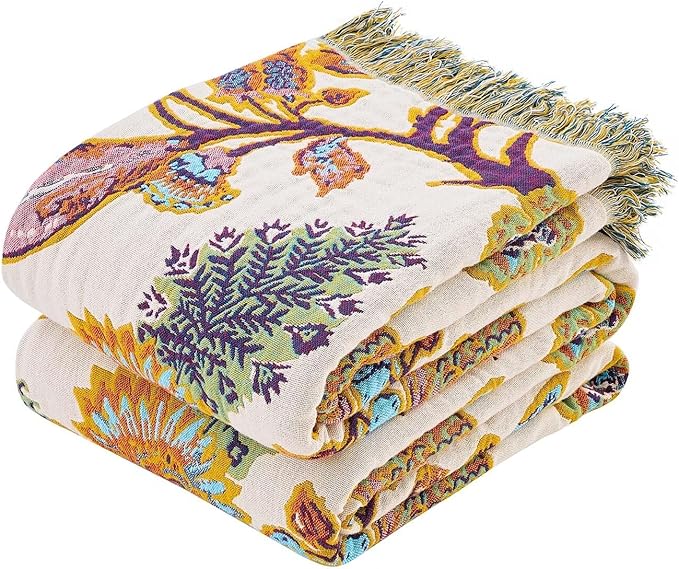 Boho Throw Blanket for Bed, 100% Cotton Soft Rustic Quilt Fall Blanket, 80"x90" Floral Printed Farmhouse Decor Bed Blankets, All Season Rustic Reversible Bohemian Throw Quilt-Ruum Studio Home