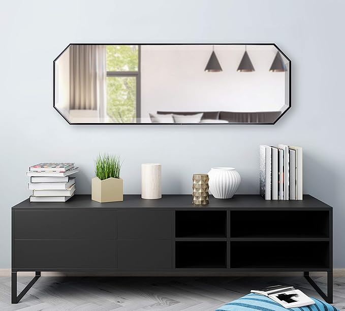 Kate and Laurel Rhodes Modern Full Length Octagon Wall Mirror, 16 x 48, Black, Decorative Glam Geometric Wall Accent-Ruum Studio Home