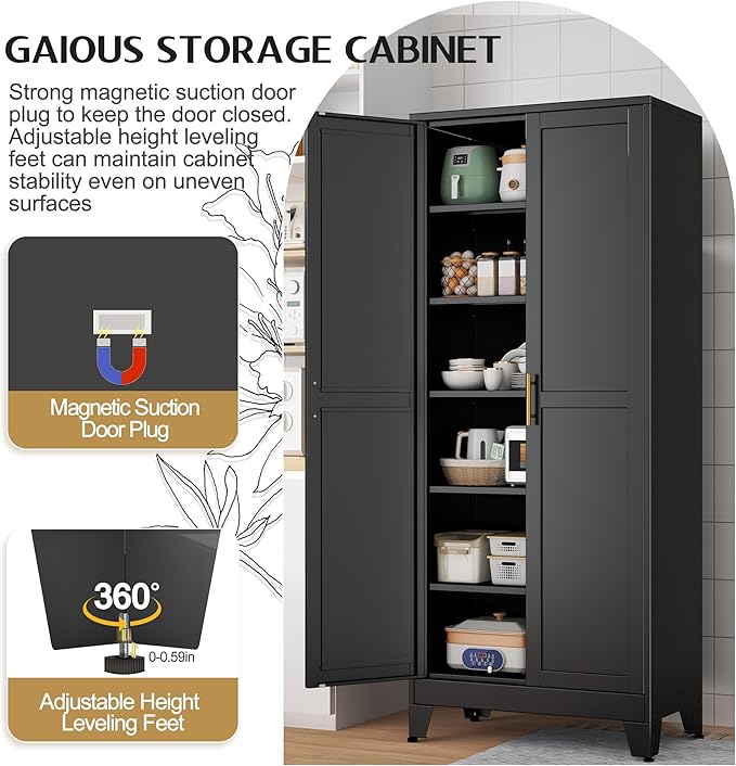 75.2" Tall Storage Cabinet, Pantry Storage Cabinets with 2 Door and 5 Adjustable Shelves, Black Kitchen Food Cabinet, Metal Utility Cabinets for Kitchen, Dinning Room, Laundry Room-Ruum Studio Home