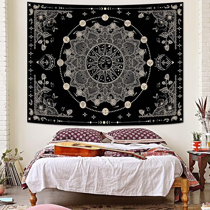 Lunerfex Sun and Moon Mandala Tapestry Boho Tapestry for Bedroom Black and White Tapestries Wall Hanging Living Room Wall Art and Home Decor 44x60-Ruum Studio Home