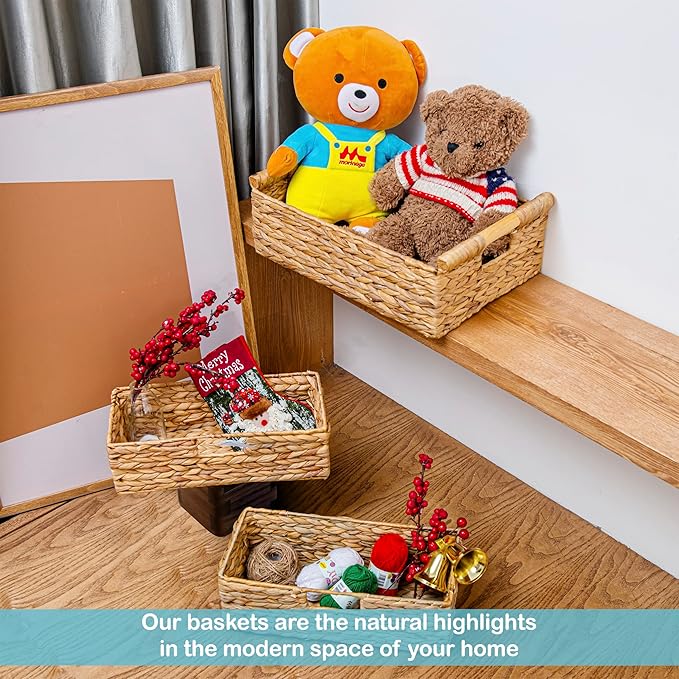 VATIMA Large Water Hyacinth Storage Baskets for Organizing with Wooden Handles for Shelves, 2 Bathroom Small Basket, Water Hyacinth Toilet Paper Baskets, Set of Natural Wicker Storage Basket for Home-Ruum Studio Home