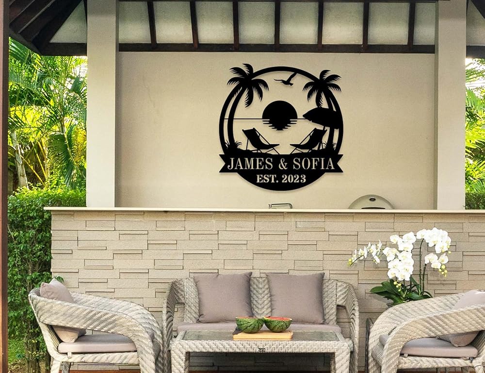 Personalized Beach Metal Monogram Sign, Custom Palm Trees Metal Name Sign, Outdoor Metal Family Name Sign, Custom Last Name Sign, Beach Coastal House Decor-Ruum Studio Home