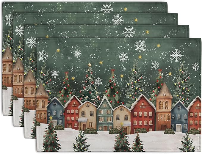 Christmas Placemats 12x18 Inch Set of 4, Winter Xmas Tree Wonderland Forest Village Town House Snowflake Linen Table Mats Washable Place Mats for Party Kitchen Dining Outdoor Indoor Decor-Ruum Studio Home