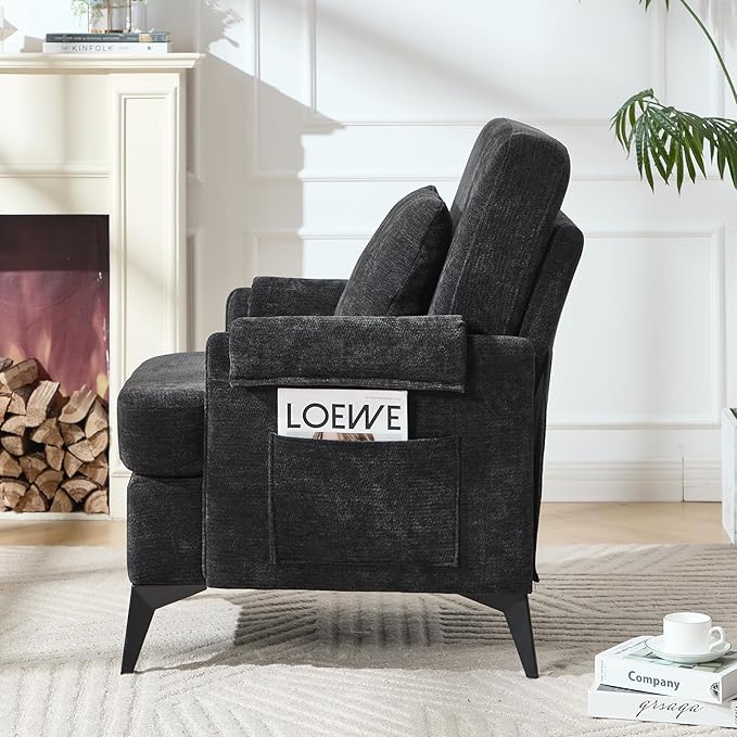 KCC Mid-Century Accent Chairs,Chenille Modern Upholstered Single Sofa,Cozy Armchair with Back for Bedroom/Office/Cafe,Black-Ruum Studio Home