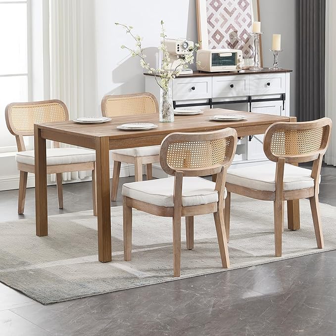 Rattan Dining Chairs Set of 2, Linen Fabric Farmhouse Dining Room Chairs with Cane Back Curved Backrest Kitchen Chairs Rustic Armless Side Chairs for Dining/Living Room/Restaurant, Beige-Ruum Studio Home