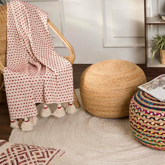 REDEARTH · Jute Circular Pouf Ottoman - Braided Pouffe Accent Sitting Round Footrest for Living Room, Bedroom, Nursery, kidsroom, Patio, Gym; 100% Jute Set of 2 (19.5"x19.5"x14"; Jute Natural)-Ruum Studio Home