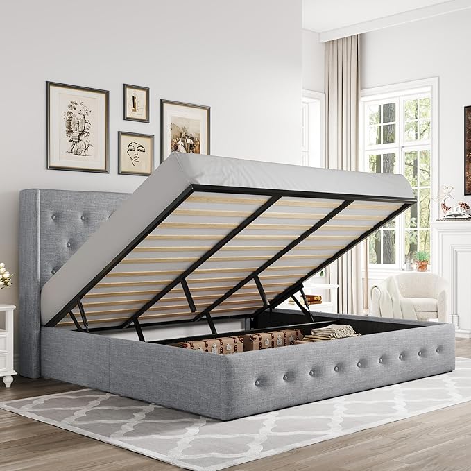 Allewie King Size Lift Up Storage Bed, Button Tufted Headboard with Wingback, Hydraulic Support, No Box Spring Needed, Light Grey-Ruum Studio Home