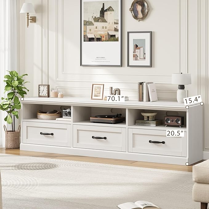 IDEALHOUSE 70in TV Stand for TVs up to 80", Mid Century Modern Entertainment Center with Storage Drawer and Open Shelves, TV Console Media Cabinet for Living Room, Bedroom, Antique White-Ruum Studio Home