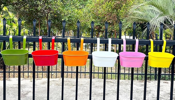 6 Pcs Railing Planter, 10" Metal Hanging Flower Pots for Outdoor Balcony Rails, Fence Pot Hanging Plant Holders with Detachable Hooks for Garden Patio Yard Decor (Multi-Color, 6Pcs)-Ruum Studio Home