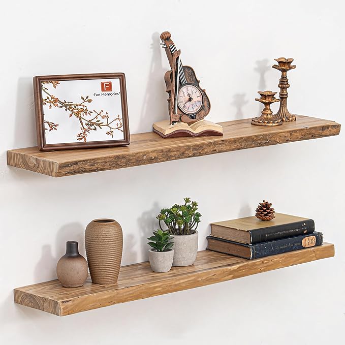 Floating Shelves for Wall, 36" Live Edge Solid Elm Wood Floating Shelf, Wall-Mounted Display Shelves with Invisible Heavy-Duty Metal Bracket, Floating Shelf for Kitchen (Natural, Set of 2)-Ruum Studio Home