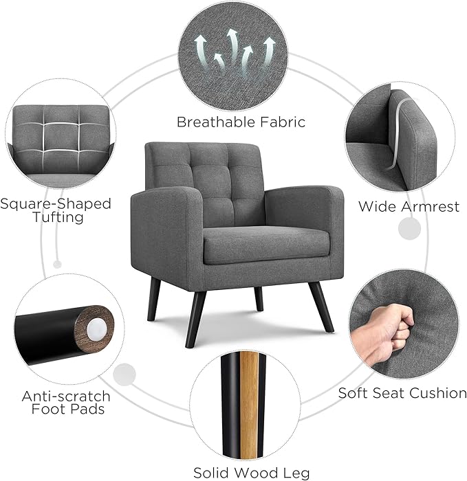 Yaheetech Modern Living Room Chair, Mid-Century Armchair Button Tufted Back and Wood Legs, Vintage Lounge Chair for Bedroom/Home Office/Study, Gray-Ruum Studio Home