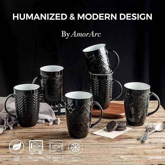 AmorArc Large Coffee Mugs Set of 6, 20oz Ceramic Tall Coffee Mugs Set with Textured Geometric Patterns for Latte/Tea/Beer/Hot Cocoa, Dishwasher & Microwave Safe, Black-Ruum Studio Home