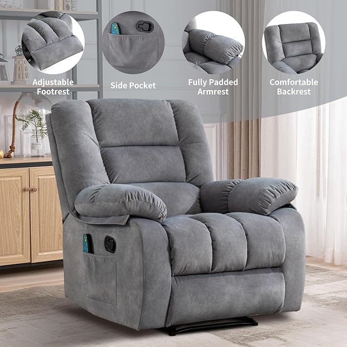 Massage Recliner Chair with Heat and Massage, Soft Fabric Ergonomic Manual Reclining Chairs, Heavy Duty Reclining Sofa Chair with Side Pockets for Living Room (Light Grey)-Ruum Studio Home