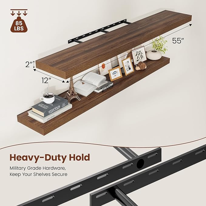 Wide Floating Shelves for Wall 12 Inch Deep, 55" X 12" X 2" Floating Shelf, 2 Inch Thick Shelf for Bathroom Bedroom Kitchen Book Room, Heavy Duty 85lbs Shelves for Farmhouse Decor Set of 2, Walnut-Ruum Studio Home