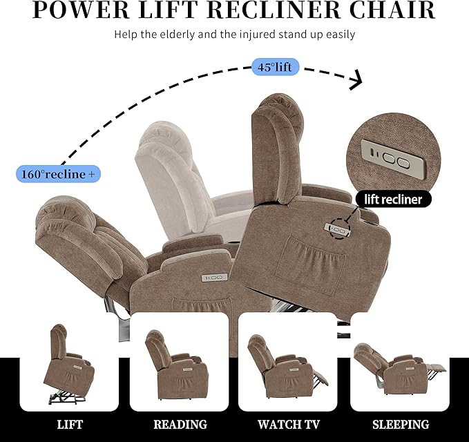 Power Lift Recliner Chair for Elderly with Massage and Heat, Reclining Sofa Chair with USB & Type-C Ports and Cup Holders, L1188(Brown)-Ruum Studio Home