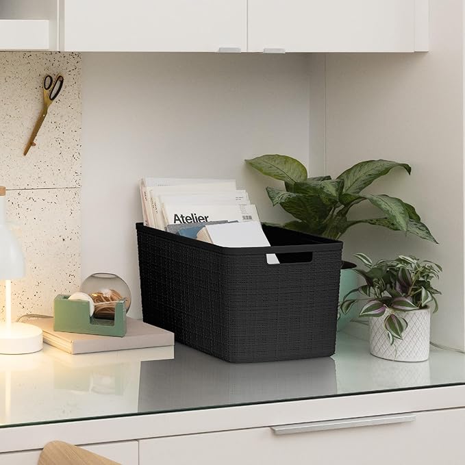 Curver Jute Large Decorative Plastic Organization and Storage Baskets, Perfect Bins for Home Office, Closet Shelves, Kitchen Pantry and All Bedroom Essentials, Pack of 4, Black-Ruum Studio Home