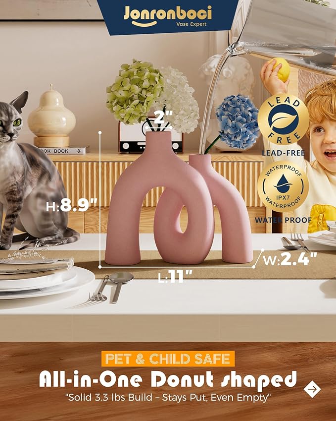 Hug Donut Decorative Vase Set - Light Pink Modern Glam Eclectic Style Vases Home Decor, Matte Ceramic Decorations for Living Room Shelf, Bookshelf Mantle Entryway Table or Console Décor(Pink)-Ruum Studio Home