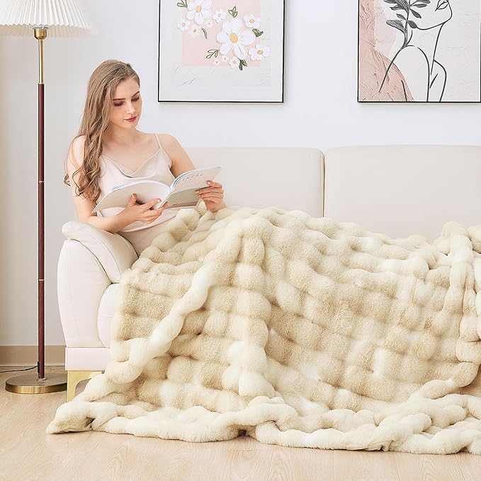 Tie-dye Camel Faux Fur Rabbit Thick Throw Blanket for Couch Living Room 50x60 Fluffy Bed Furry Comforter Soft Blanket Best Housewarming Home Gifts 860 GSM-Ruum Studio Home