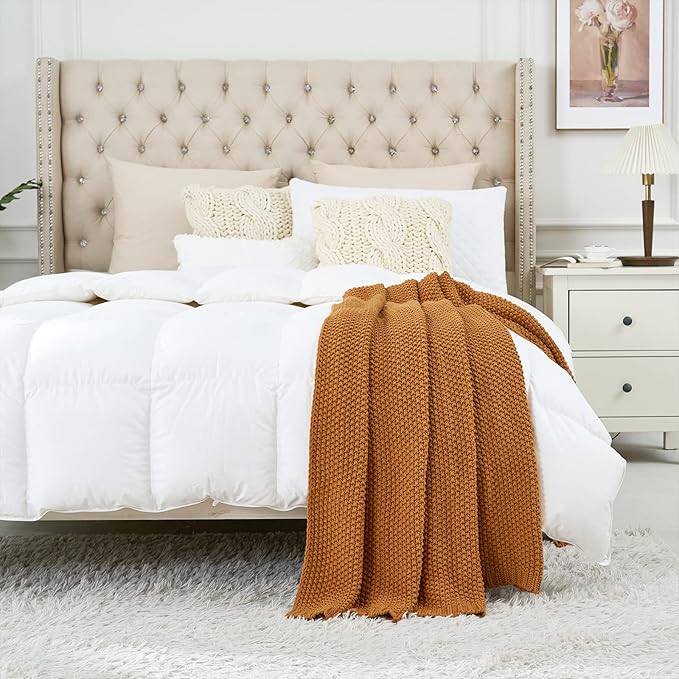 Chunky Cable Knit Throw Blanket Lightweight Burnt Orange 100% Organic Cotton Blanket for Sofa Couch Bed Baby Nursery, Rustic Shabby Chic Modern Farmhouse, 51” x 63” Give Laundering Bag-Ruum Studio Home