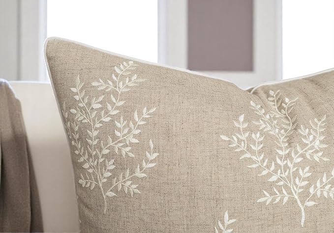 VAGMINE Embroidered Leaves Throw Pillow Cover - 20x20 Inches Square - 100% Linen Natural Throw Pillowcase - Elegant Neutral Leaf Design - Minimalist Rustic Home Accent for Sofa, Bed, Couch, Lounge-Ruum Studio Home