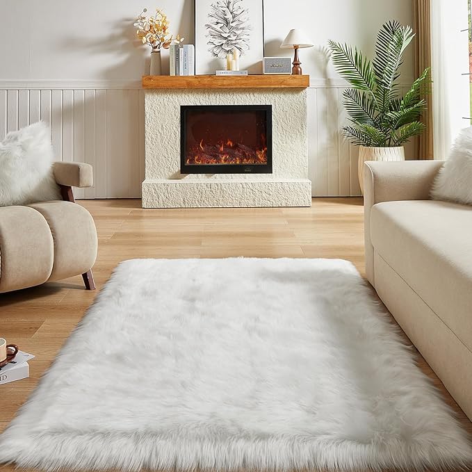 AMTOVO Faux Fur Sheepskin Rug for Living Room, 4 x 6 ft White Fluffy Area Rug for Bedroom, Playroom, Luxury Room Decor, Rectangle-Ruum Studio Home