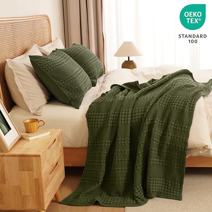 PHF 100% Cotton Waffle Weave Throw Blanket, Soft Lightweight Breathable Cozy Summer Throws for Couch Bed Sofa, Luxury Aesthetic Woven Blanket for Home Decor & Office, 50"x60", Capulet Olive-Ruum Studio Home