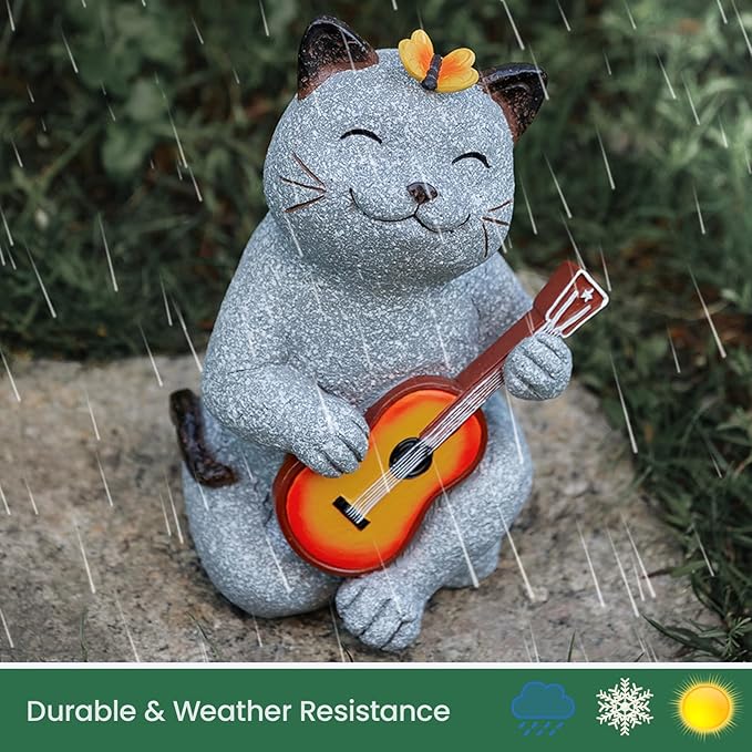 Cat Garden Statue Outdoor Decor, Cat Sculpture with Guitar and Butterfly for Yard Lawn Patio Balcony, Birthday Housewarming Gifts for Mom, Grandma, Women, 8.8 inch, Resin-Ruum Studio Home