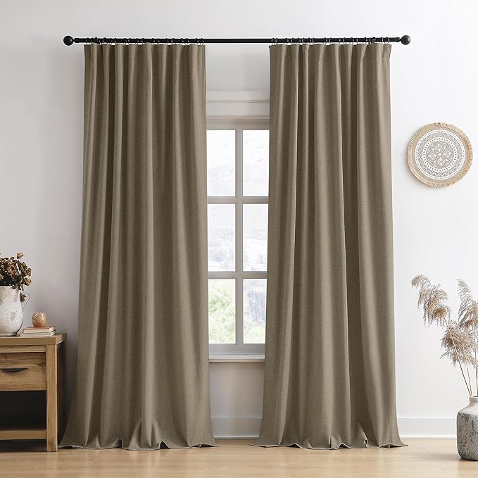 RAIN CITY Linen Brown Extra Long Blackout Curtains 108 Inch Long 9ft, Back Tab Pleated Look Linen Blended Textured Curtains with Hooks for Living Room Track System(W50xL108 in Length,Linen)-Ruum Studio Home