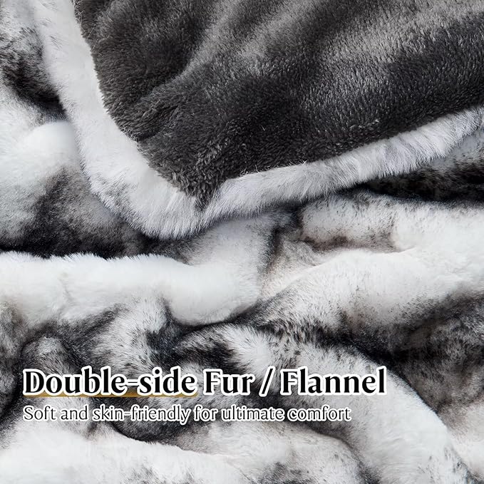 Luxury Faux Fur Blanket - Soft Warm Plush Blankets for Couch Sofa Bed, Fluffy Thick Throws for Bedroom, Office, Living Room, Decorative Reversible, Not Easy to shed- 50"x60", Black/White-Ruum Studio Home
