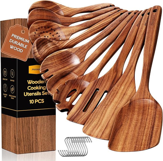 Wooden Spoons for Cooking, 10PCS Teak Wood Cookware Utensil Set with Hooks - Smooth Finish, Non-Stick, Comfortable Grip, Heat Resistant Kitchen Utensils-Ruum Studio Home
