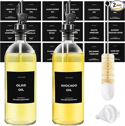 Olive Oil Dispenser Bottle - Includes 55 Kitchen Essential Labels - Cooking Oil Bottles for Kitchen, Coffee Syrup Dispenser - Pourer Spout with 16.9 fl oz Glass Container Cruet - 2pcs, Black-Ruum Studio Home