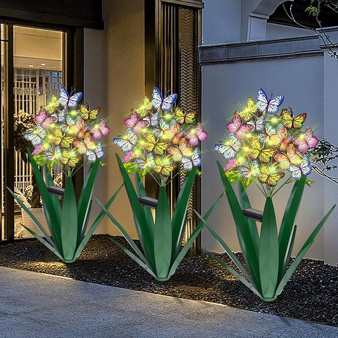 Homight Solar Metal Agave Butterfly Flower Stick Garden Sculpture - Outdoor Christmas Lights With Swaying Butterfly Sunflower - Solar Outdoor Gift (3 PCS Green)-Ruum Studio Home