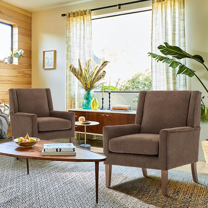 COLAMY Modern Wingback Living Room Chair Set of 2, Upholstered Fabric Accent Armchair, Single Sofa Chair with Lounge Seat and Wood Legs for Bedroom/Office/Reading Spaces, Brown-Ruum Studio Home