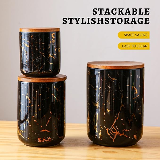 Ceramic Canister Set with Bamboo Airtight Lids, 3-Piece Kitchen Storage Jars (48oz, 30oz, 12oz) – Black with Gold Marble Pattern, Glossy Finish, for Coffee, Sugar, Flour & More-Ruum Studio Home