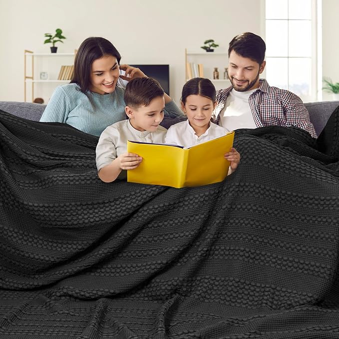 PHF 100% Cotton Waffle Weave Blanket Oversized King for Bed 120"x120"- Giant Big Lightweight Blanket 10'x10' for Bed Sofa - Aesthetic Extra Large Washed Cotton Soft Blanket - Black-Ruum Studio Home