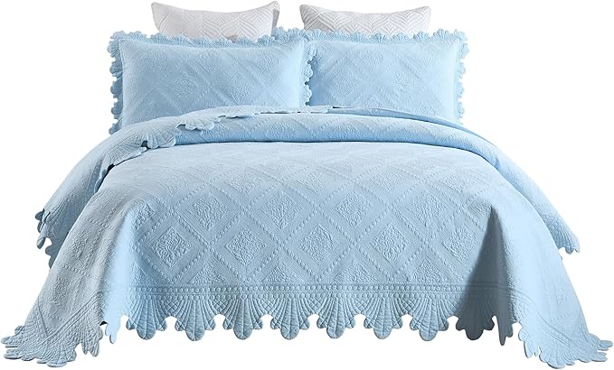 MarCielo 3-Piece 100% Cotton Oversized Bedspread Lightweight Quilt Coverlet Embroidery Farmhouse Bedding Set (TK Light Blue, Oversized King (118"x106"))-Ruum Studio Home