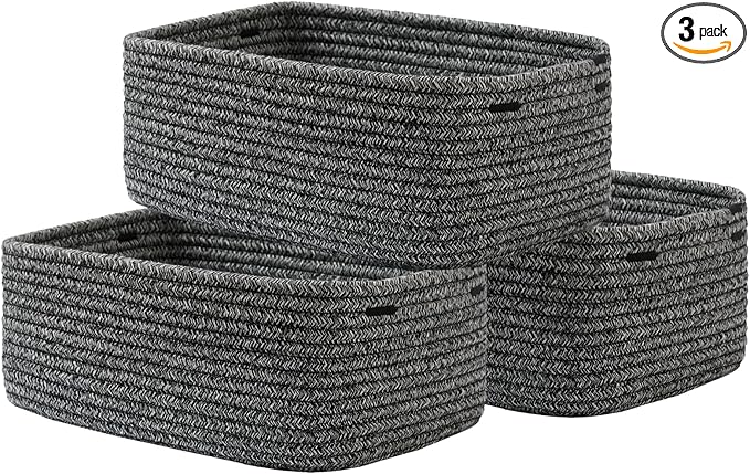 KALLAX Small Woven Basket, 13.5 x 9.5 x 5 Inches, Storage Basket for Organizing, Cute Small Rope Shelf Closet Cube Storage Bins Baskets for Shelves, Dog Toy Gift Baskets Empty, 3 Pack Mixed Black-Ruum Studio Home