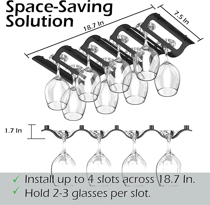 Bariboo Wine Glass Storage Case – Hang 8-12 Glasses on Your 18.7 x 9 x 1.7 In., Dust-Free Wine Glass Holder – Under-Shelf & Under-Cabinet Wine Glass Holder Rack with Assembly Manual & Video-Ruum Studio Home
