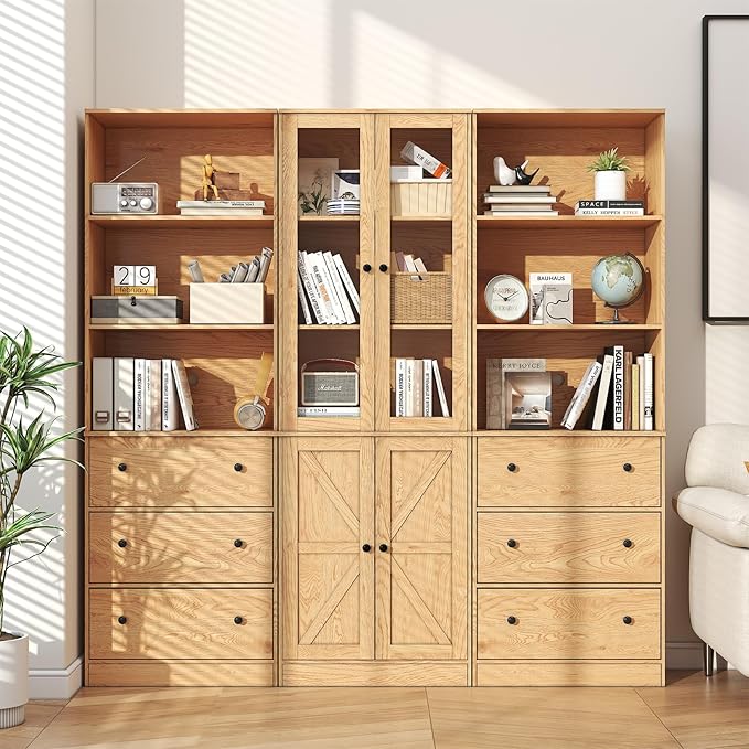 71" Tall Bookshelves Set of 3, 2 Bookcases with Drawers & 1 Bookshelf with Doors, Wooden Bookshelves Floor Standing Display Storage Shelves Home Decor Furniture for Home Office, Living Room-Ruum Studio Home