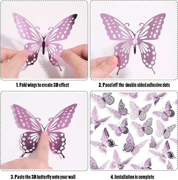 SAOROPEB 3D Butterfly Wall Decor - 48 Pcs, 4 Styles, 3 Sizes, Removable Stickers for Birthday & Party Decorations (Lavender)-Ruum Studio Home