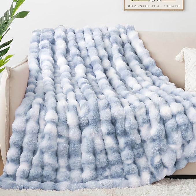 Touchat Luxury 1000GSM Faux Rabbit Fur Throw Blanket, Super Heavy Warm Cozy Grey Blankets for Couch Bed Sofa, Ruched Plush Fuzzy Elegant Soft Reversible Mink Blanket for Living Room Bedroom-Ruum Studio Home