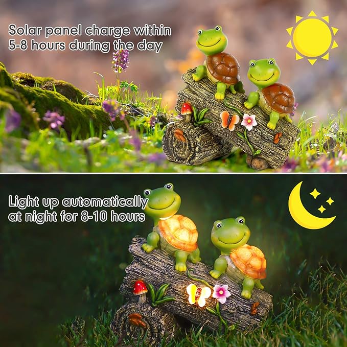 Garden Turtle Figurines Outdoor Decorations, Solar Powered Sweet Frog Face Turtles Resin Statue with 4 LED Lights, Garden Art Spring Fall Winter Christmas Decor for Patio Lawn Yard-Ruum Studio Home