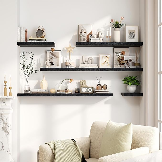 30 Inch Floating Shelves, Rustic Floating Wall Shelves 8 Inch Deep, 30 x 8 Floating Shelves for Home Decor, Deep Display & Storage Shelves for Kitchen, Bathroom, Living Room, Black Color, Set of 2-Ruum Studio Home