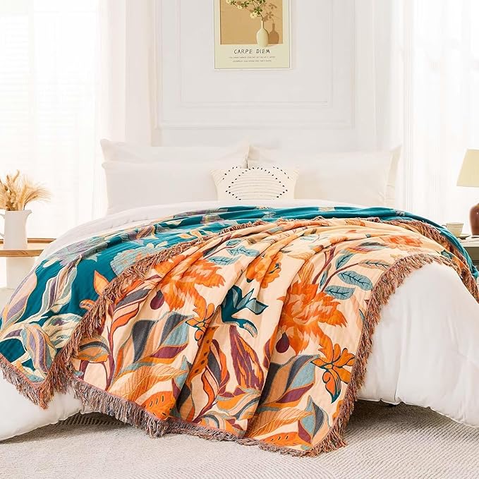 Boho Throw Blanket for Bed, 100% Cotton Soft Rustic Quilt Fall Blanket, 90"x98" Floral Printed Farmhouse Decor Bed Blankets, All Season Rustic Reversible Bohemian Throw Quilt-Ruum Studio Home