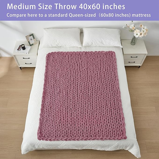 Bigacogo Chunky Knit Throw Blanket for Couch, 40x60 inches, 100% Hand Knitted with Thick Jumbo Chenille Yarn, Cozy Soft Large Rope Knot Cable Crochet Blankets for Sofa Bed Living Room, Burnt Rose-Ruum Studio Home