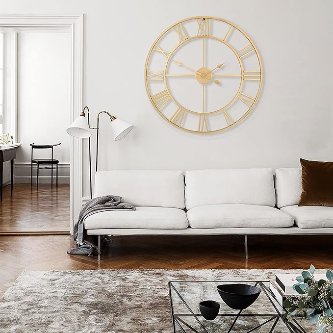 LEIKE Large Modern Wall Clocks,32" Gold Metal,Rustic,Round,Nearly Silent,Little Ticking,Battery Operated Roman Numerals Clock for Living Room/Bedroom/Kitchen Wall Decor-(Gold, 80cm)-Ruum Studio Home