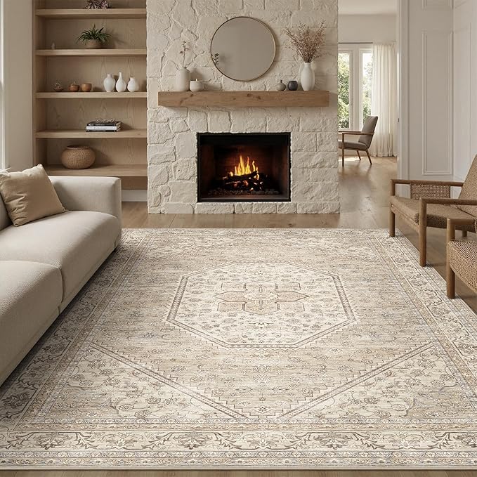DCX Machine Washable Brown and Beige Area Rug 8x10, Non Slip Stain Resistant Vintage Floral Rug for Living Room Bedroom Nursery, Soft Low Pile Large Carpet-Ruum Studio Home