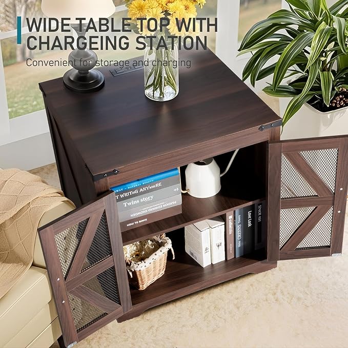 Farmhouse End Table, 24" Large Sofa Side Table with Charging Station, Mesh Barn Door, Rustic Wood Nightstand with Adjustable Storage Shelf, Square Nightstand for Living Room-Ruum Studio Home
