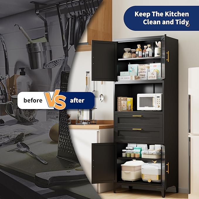 75” Tall Kitchen Pantry Storage Cabinet, Metal Storage Cabinet with 2 Drawers and Adjustable Shelves, Kitchen Pantry Cupboard, Freestanding Cupboard for Bathroom, Living Room(Black)-Ruum Studio Home
